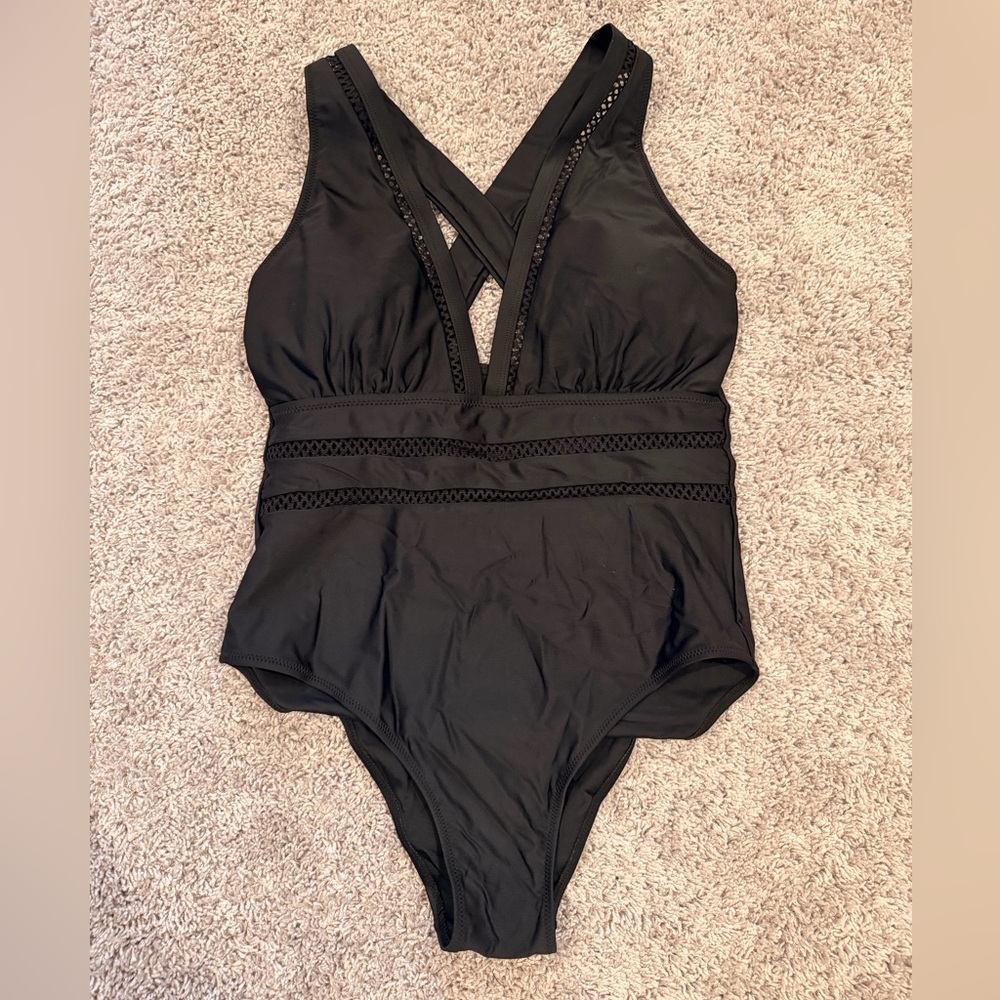 Black Crisscross Ladder Lace One-Piece Swimsuit